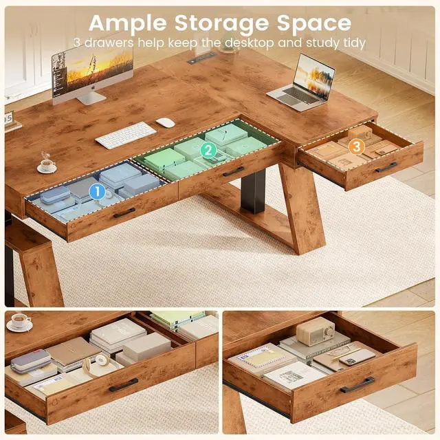 Alt view image 4 of 7 - 59 Inch L Shaped Electric Standing Desk with Drawers, Executive Adjustable Desk with Power Outlets, Sit Stand Computer Table for Home Office, Rustic Brown