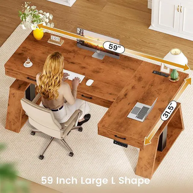 Alt view image 7 of 7 - 59 Inch L Shaped Electric Standing Desk with Drawers, Executive Adjustable Desk with Power Outlets, Sit Stand Computer Table for Home Office, Rustic Brown