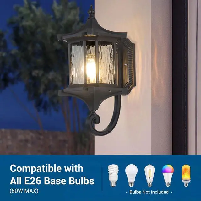 Alt view image 4 of 7 - European Vintage Outdoor Wall Lantern Exterior IP55 Waterproof Porch Lights with Water Ripple Glass Anti-Rust Aluminum Outdoor Light Fixtures for Patio Doorway
