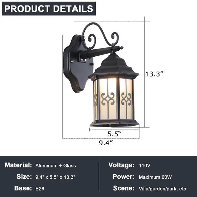 Alt view image 2 of 7 - Outdoor Wall Light Fixtures Aluminum Vintage Exterior Wall Sconces IP65 Waterproof Anti-Rust Porch Lights with Soft Light Glass E26 Base for Patio Backyard Garage Doorway Front Door