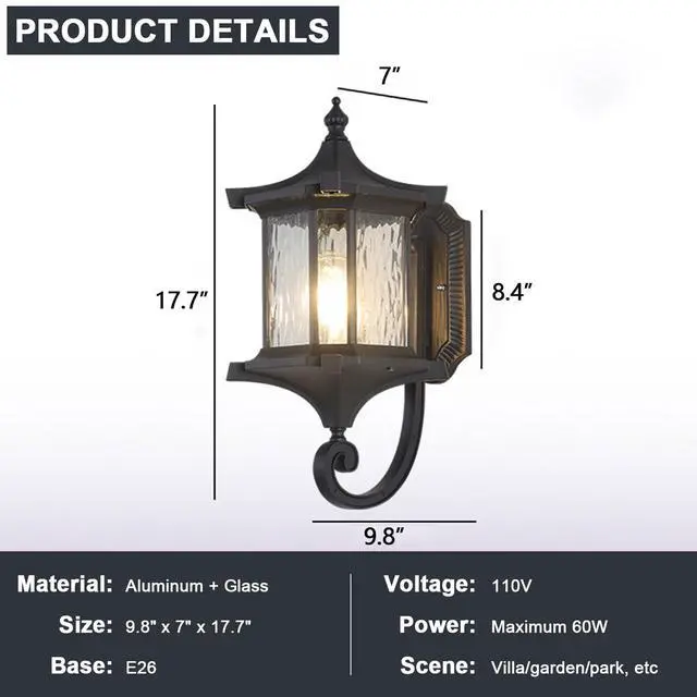 Alt view image 7 of 7 - European Vintage Outdoor Wall Lantern Exterior IP55 Waterproof Porch Lights with Water Ripple Glass Anti-Rust Aluminum Outdoor Light Fixtures for Patio Doorway