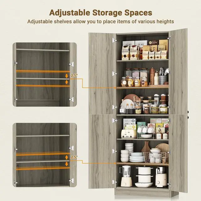Alt view image 7 of 7 - 80" Kitchen Pantry, Extra Tall Arch Storage Cabinet with 4 Soft Close Doors and Adjustable Shelves, Freestanding Wood Cupboard with Seamless Fit Wall for Dining Living Room Bathroom Furniture