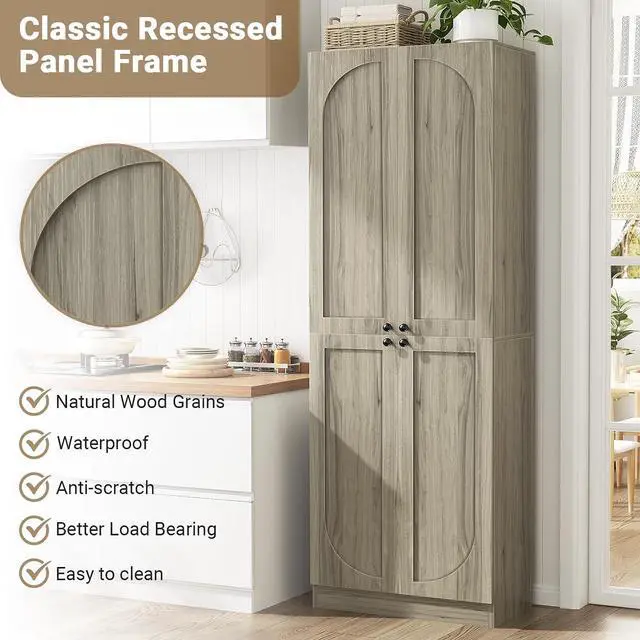 Alt view image 6 of 7 - 80" Kitchen Pantry, Extra Tall Arch Storage Cabinet with 4 Soft Close Doors and Adjustable Shelves, Freestanding Wood Cupboard with Seamless Fit Wall for Dining Living Room Bathroom Furniture