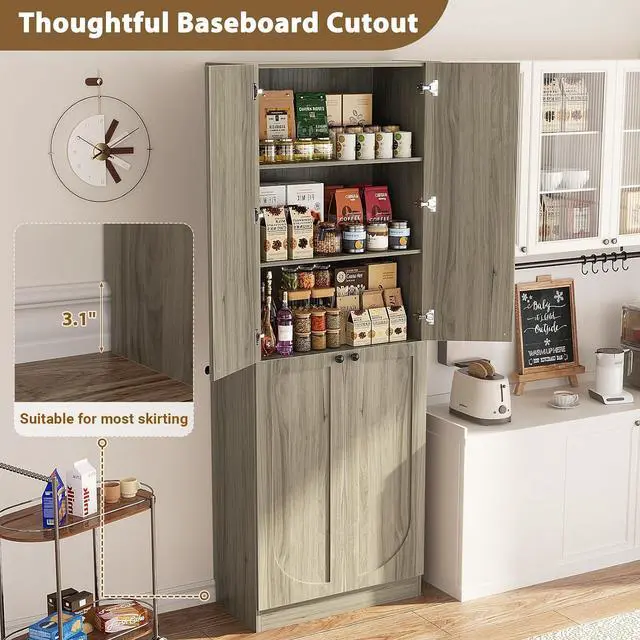 Alt view image 5 of 7 - 80" Kitchen Pantry, Extra Tall Arch Storage Cabinet with 4 Soft Close Doors and Adjustable Shelves, Freestanding Wood Cupboard with Seamless Fit Wall for Dining Living Room Bathroom Furniture