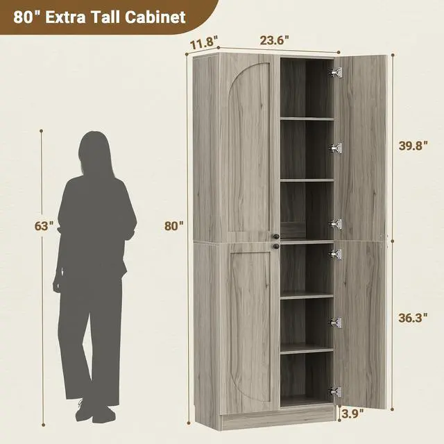 Alt view image 3 of 7 - 80" Kitchen Pantry, Extra Tall Arch Storage Cabinet with 4 Soft Close Doors and Adjustable Shelves, Freestanding Wood Cupboard with Seamless Fit Wall for Dining Living Room Bathroom Furniture