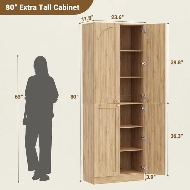 Alt view image 3 of 7 - 80" Kitchen Pantry, Extra Tall Arch Storage Cabinet with 4 Soft Close Doors and Adjustable Shelves, Freestanding Wood Cupboard with Seamless Fit Wall for Dining Living Room Bathroom Furniture