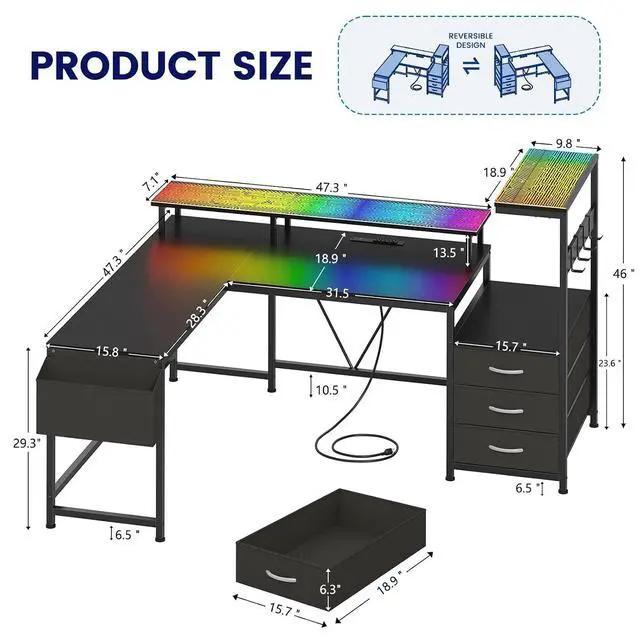 Alt view image 2 of 7 - 63" L Shaped Gaming Desk with Power Outlet & LED Lights, Reversible L Shape Desk with 3 Drawers for Home Office, Large Corner Computer Desk with Monitor Stand, Pegboard, Black