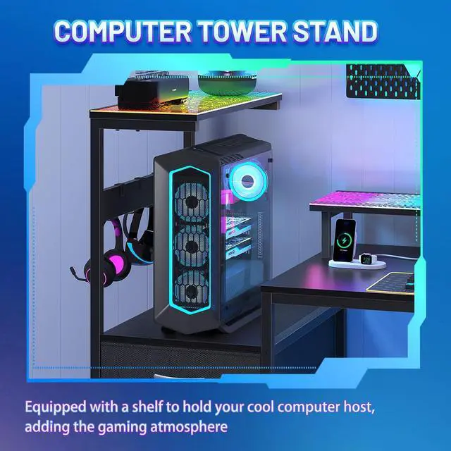 Alt view image 4 of 7 - 63" L Shaped Gaming Desk with Power Outlet & LED Lights, Reversible L Shape Desk with 3 Drawers for Home Office, Large Corner Computer Desk with Monitor Stand, Pegboard, Black