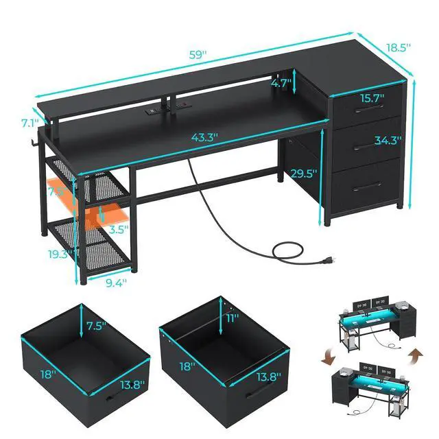 Alt view image 2 of 7 - 59" Office Desk with Drawers, Reversible Computer Desk with File Drawers & Storage, Gaming Desk with LED Lights & Power Outlet, Home Office Desks for Printer, Black