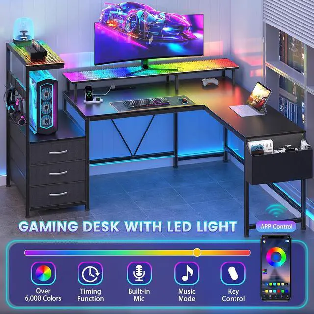Alt view image 3 of 7 - 63" L Shaped Gaming Desk with Power Outlet & LED Lights, Reversible L Shape Desk with 3 Drawers for Home Office, Large Corner Computer Desk with Monitor Stand, Pegboard, Black