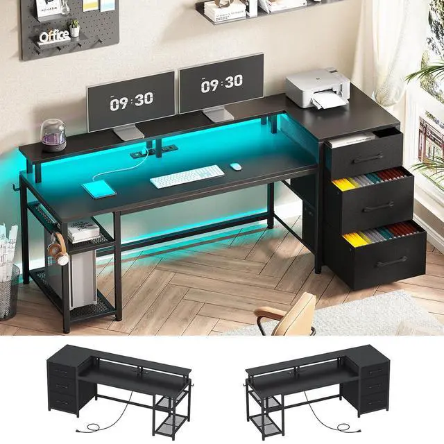 Alt view image 3 of 7 - 59" Office Desk with Drawers, Reversible Computer Desk with File Drawers & Storage, Gaming Desk with LED Lights & Power Outlet, Home Office Desks for Printer, Black