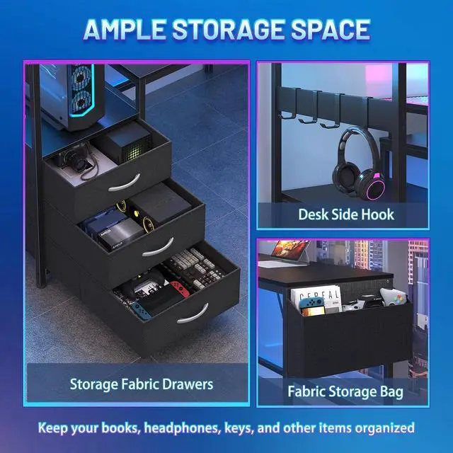 Alt view image 5 of 7 - 63" L Shaped Gaming Desk with Power Outlet & LED Lights, Reversible L Shape Desk with 3 Drawers for Home Office, Large Corner Computer Desk with Monitor Stand, Pegboard, Black