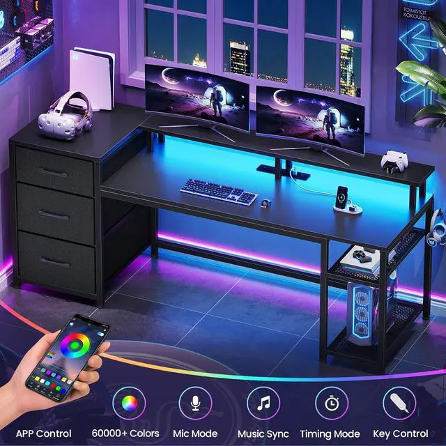 Alt view image 6 of 7 - 59" Office Desk with Drawers, Reversible Computer Desk with File Drawers & Storage, Gaming Desk with LED Lights & Power Outlet, Home Office Desks for Printer, Black