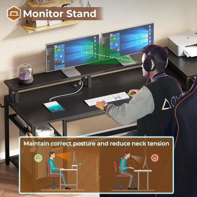 Alt view image 7 of 7 - 59" Office Desk with Drawers, Reversible Computer Desk with File Drawers & Storage, Gaming Desk with LED Lights & Power Outlet, Home Office Desks for Printer, Black