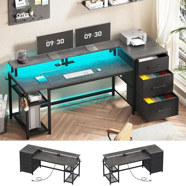 Alt view image 3 of 7 - 59" Office Desk with File Drawers, Reversible Computer Gaming Desk with Storage, LED Lights & Power Outlet, Home Office Desks for Printer, Grey