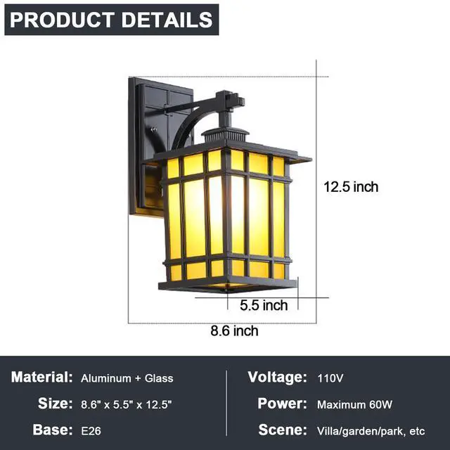 Alt view image 7 of 7 - 12" Outdoor Wall Lantern Waterproof Anti-Rust Aluminum Porch Lights with Soft Light Glass Shade Vintage E26 Exterior Wall Light for Porch House Garage