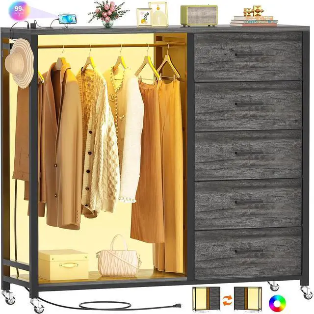 Main image of Dresser with Hanging Rack, 5 Fabric Drawers Dresser with Clothes Rack, Wooden Top Storage Chest of Drawers with Charging Station & LED Lights, Lockable Wheels