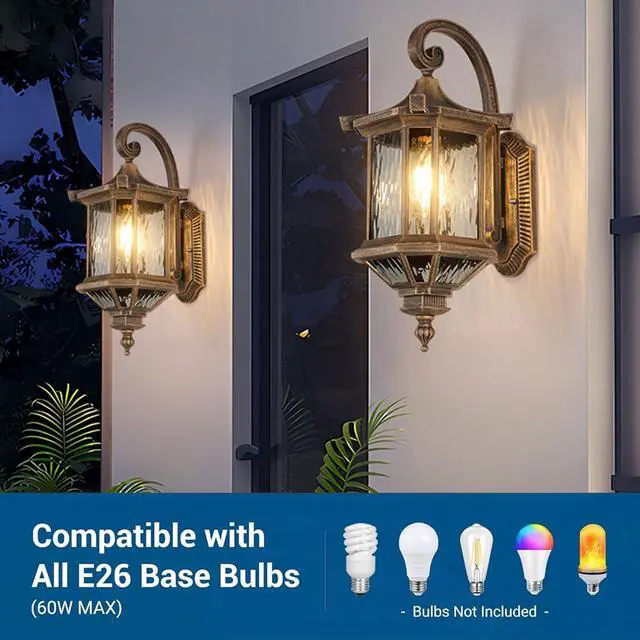 Alt view image 4 of 7 - European Vintage Outdoor Wall Lantern Exterior IP55 Waterproof Porch Lights with Water Ripple Glass Anti-Rust Aluminum Outdoor Light Fixtures for Patio Doorway