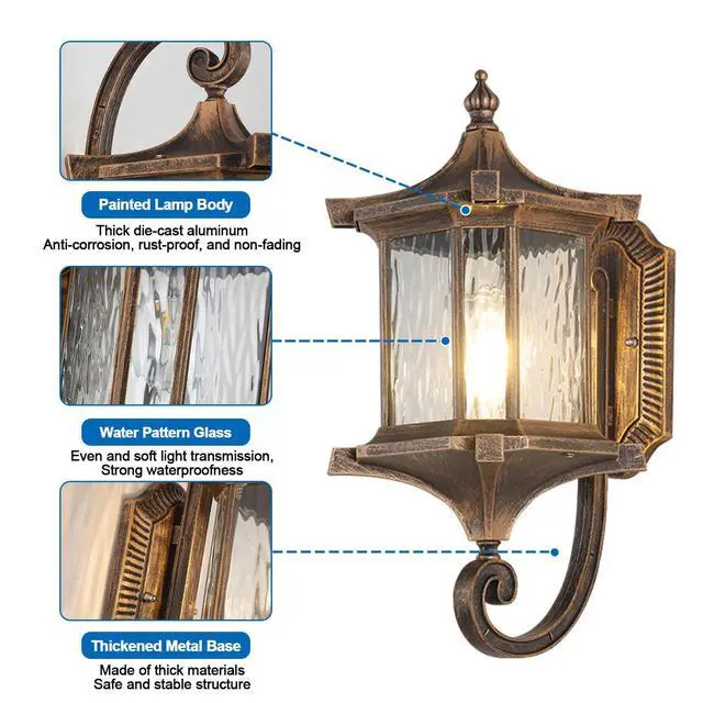 Alt view image 6 of 7 - European Vintage Outdoor Wall Lantern Exterior IP55 Waterproof Porch Lights with Water Ripple Glass Anti-Rust Aluminum Outdoor Light Fixtures for Patio Doorway