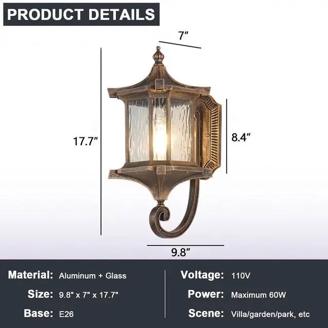 Alt view image 7 of 7 - European Vintage Outdoor Wall Lantern Exterior IP55 Waterproof Porch Lights with Water Ripple Glass Anti-Rust Aluminum Outdoor Light Fixtures for Patio Doorway