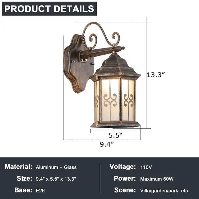 Alt view image 2 of 7 - Outdoor Wall Light Fixtures Aluminum Vintage Exterior Wall Sconces IP65 Waterproof Anti-Rust Porch Lights with Soft Light Glass E26 Base for Patio Backyard Garage Doorway Front Door