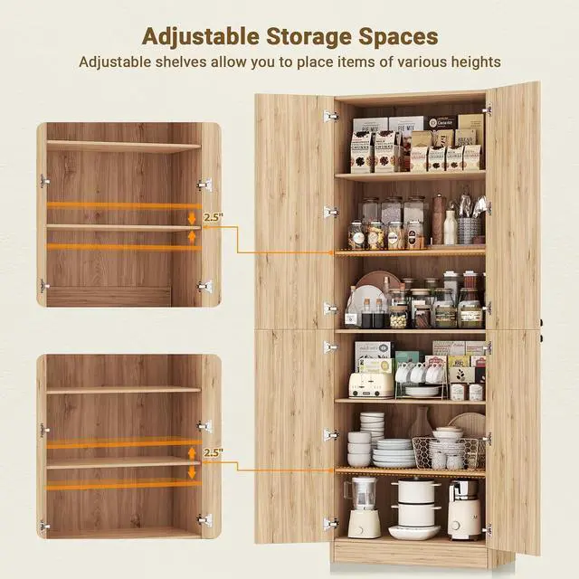 Alt view image 6 of 7 - 80" Kitchen Pantry, Extra Tall Arch Storage Cabinet with 4 Soft Close Doors and Adjustable Shelves, Freestanding Wood Cupboard with Seamless Fit Wall for Dining Living Room Bathroom Furniture