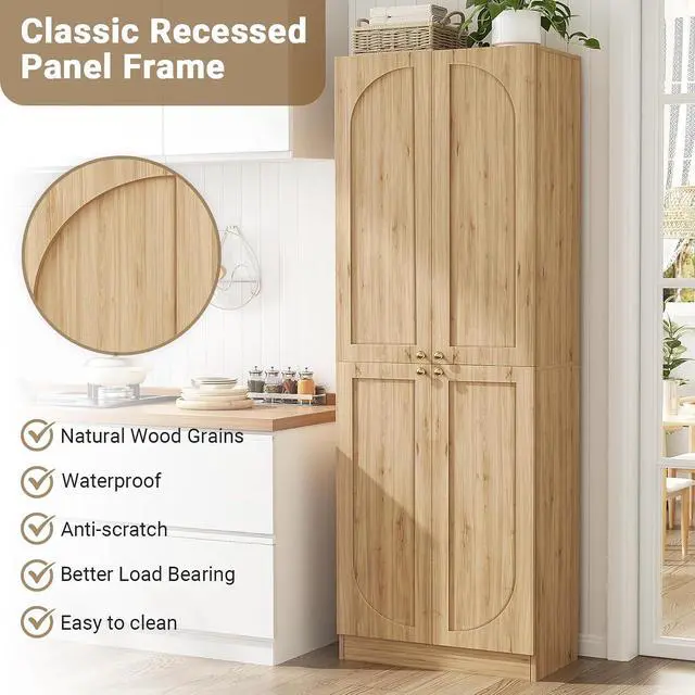 Alt view image 5 of 7 - 80" Kitchen Pantry, Extra Tall Arch Storage Cabinet with 4 Soft Close Doors and Adjustable Shelves, Freestanding Wood Cupboard with Seamless Fit Wall for Dining Living Room Bathroom Furniture