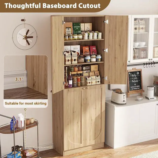Alt view image 7 of 7 - 80" Kitchen Pantry, Extra Tall Arch Storage Cabinet with 4 Soft Close Doors and Adjustable Shelves, Freestanding Wood Cupboard with Seamless Fit Wall for Dining Living Room Bathroom Furniture