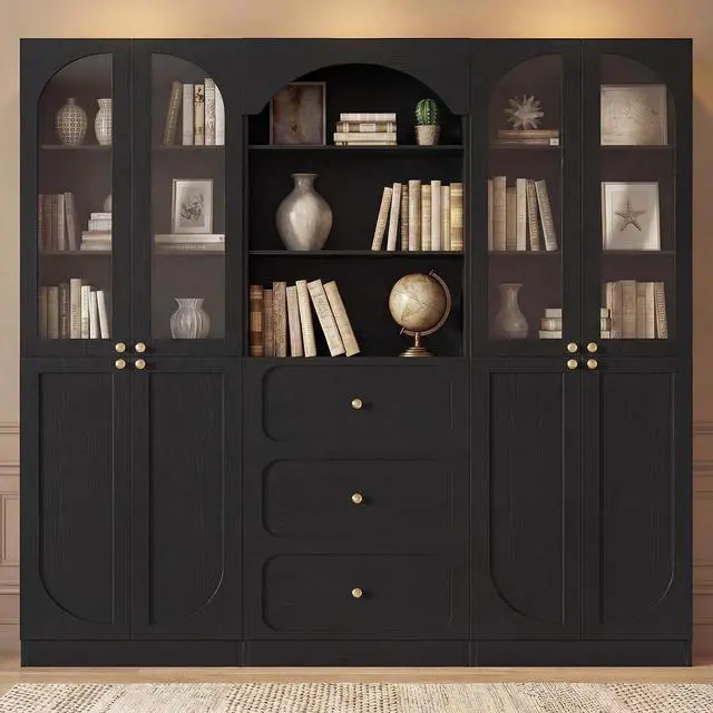 Main image of 80" Tall Bookcase System with 3 Drawers, Arched Bookshelf with 4 Glass Doors, Wooden Pantry Storage Organizer Cabinets with 3-Tier Open Shelves for Living Room, Kitchen, Bathroom