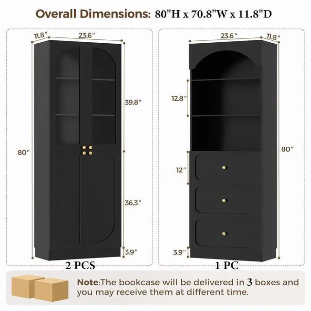Alt view image 2 of 7 - 80" Tall Bookcase System with 3 Drawers, Arched Bookshelf with 4 Glass Doors, Wooden Pantry Storage Organizer Cabinets with 3-Tier Open Shelves for Living Room, Kitchen, Bathroom