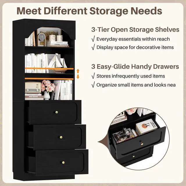 Alt view image 5 of 7 - 80" Tall Bookcase System with 3 Drawers, Arched Bookshelf with 4 Glass Doors, Wooden Pantry Storage Organizer Cabinets with 3-Tier Open Shelves for Living Room, Kitchen, Bathroom