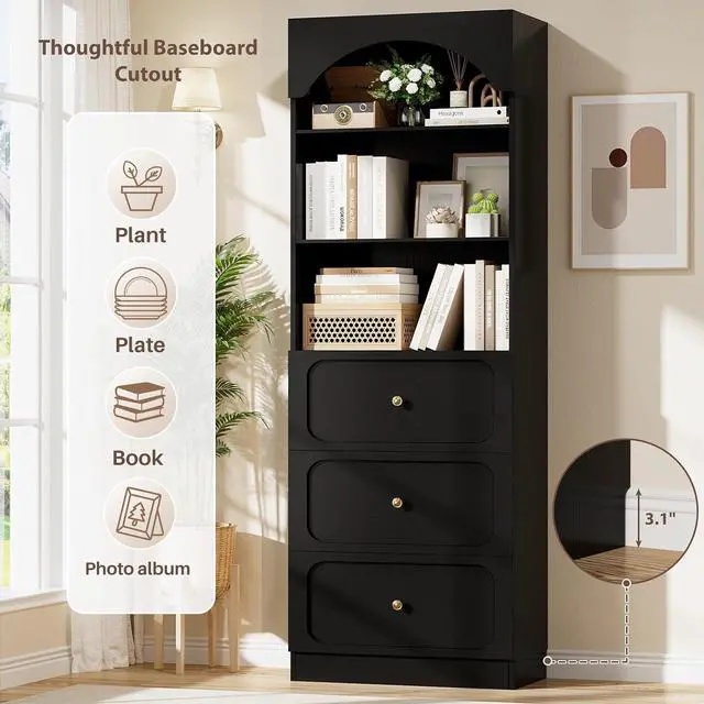 Alt view image 6 of 7 - 80" Tall Bookcase System with 3 Drawers, Arched Bookshelf with 4 Glass Doors, Wooden Pantry Storage Organizer Cabinets with 3-Tier Open Shelves for Living Room, Kitchen, Bathroom