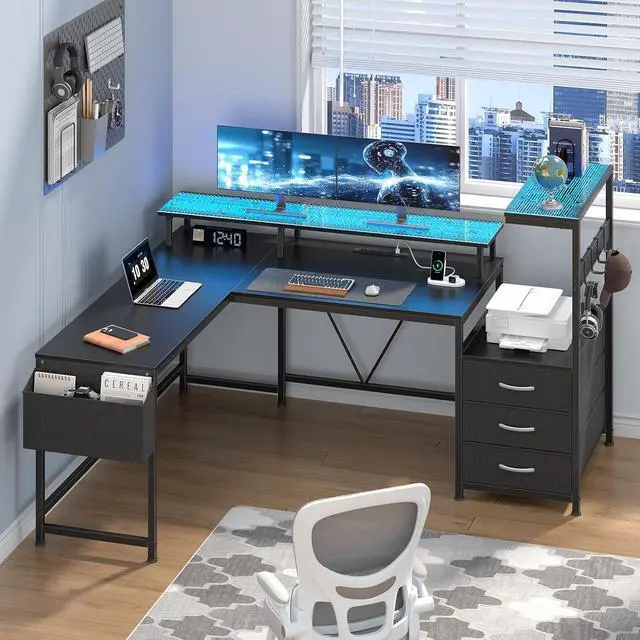 Alt view image 7 of 7 - 63" L Shaped Gaming Desk with Power Outlet & LED Lights, Reversible L Shape Desk with 3 Drawers for Home Office, Large Corner Computer Desk with Monitor Stand, Pegboard, Black
