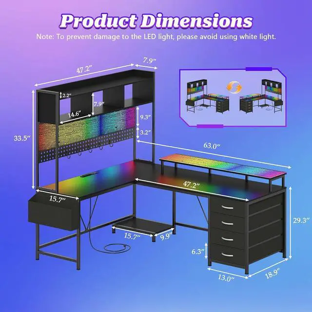 Alt view image 2 of 7 - L Shaped Gaming Desk with Hutch, Reversible Computer Corner Desk with Drawers, Gaming Desk with LED Lights Panel, Power Outlets, Pegboard and Monitor Stand, Black