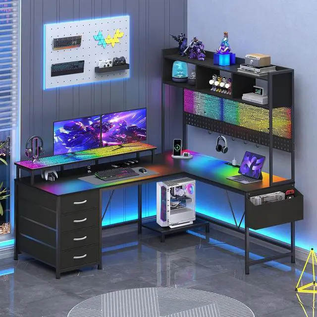 Main image of L Shaped Gaming Desk with Hutch, Reversible Computer Corner Desk with Drawers, Gaming Desk with LED Lights Panel, Power Outlets, Pegboard and Monitor Stand, Black