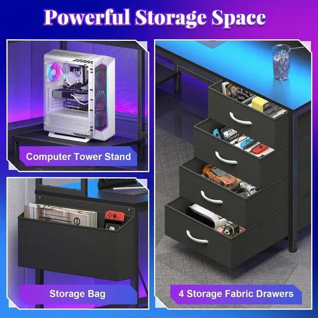 Alt view image 5 of 7 - L Shaped Gaming Desk with Hutch, Reversible Computer Corner Desk with Drawers, Gaming Desk with LED Lights Panel, Power Outlets, Pegboard and Monitor Stand, Black