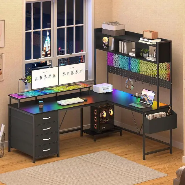 Alt view image 3 of 7 - L Shaped Gaming Desk with Hutch, Reversible Computer Corner Desk with Drawers, Gaming Desk with LED Lights Panel, Power Outlets, Pegboard and Monitor Stand, Black