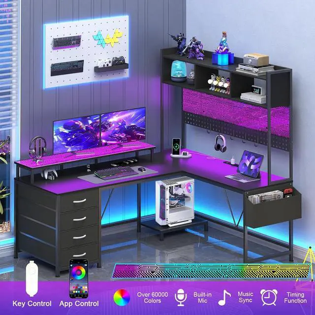 Alt view image 6 of 7 - L Shaped Gaming Desk with Hutch, Reversible Computer Corner Desk with Drawers, Gaming Desk with LED Lights Panel, Power Outlets, Pegboard and Monitor Stand, Black