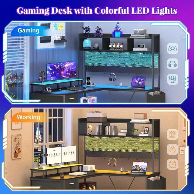 Alt view image 7 of 7 - L Shaped Gaming Desk with Hutch, Reversible Computer Corner Desk with Drawers, Gaming Desk with LED Lights Panel, Power Outlets, Pegboard and Monitor Stand, Black