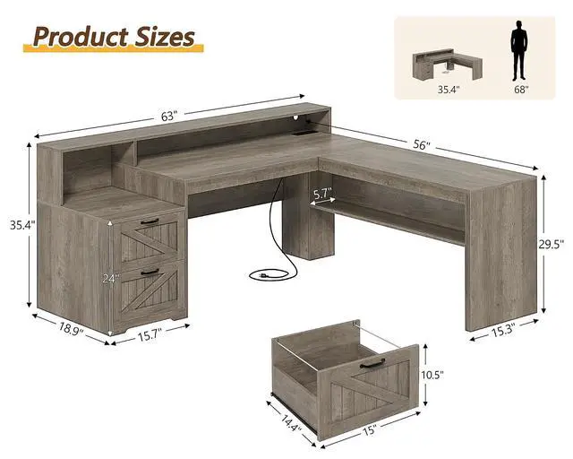 Alt view image 2 of 7 - Farmhouse 63" L Shaped Desk with Drawers, Home Office Desks with Storage Shelves and Printer Stand, Corner Computer Desk with Power Outlets and Monitor Stand,Grey