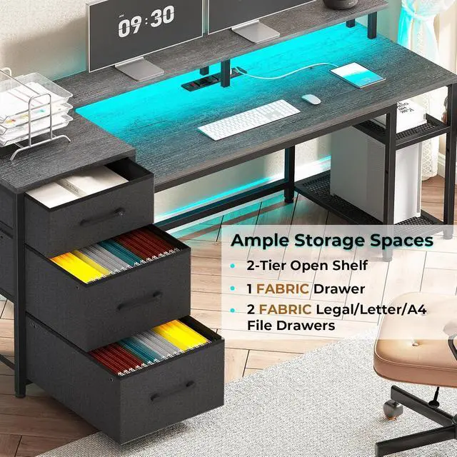 Alt view image 4 of 7 - 59" Office Desk with File Drawers, Reversible Computer Gaming Desk with Storage, LED Lights & Power Outlet, Home Office Desks for Printer, Grey