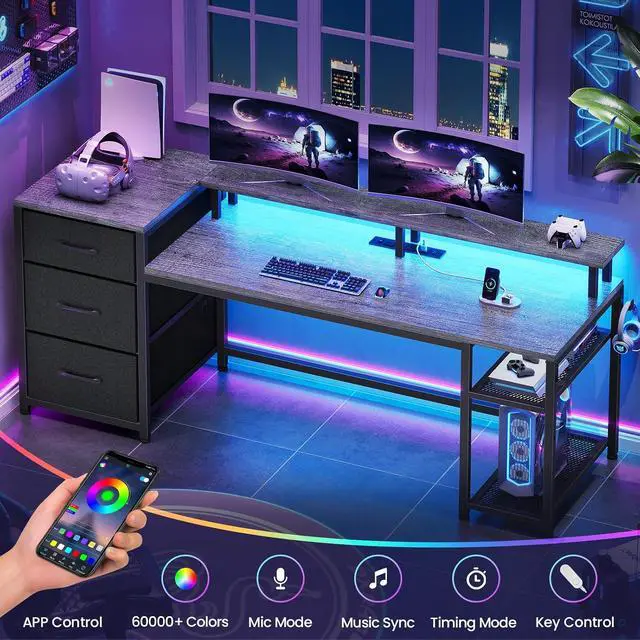 Alt view image 6 of 7 - 59" Office Desk with File Drawers, Reversible Computer Gaming Desk with Storage, LED Lights & Power Outlet, Home Office Desks for Printer, Grey