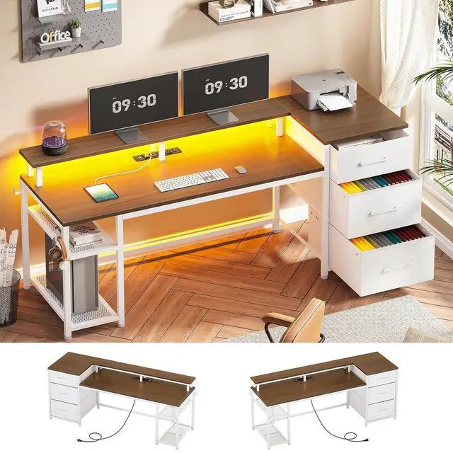 Main image of 59" Office Desk with Drawers, Reversible Computer Desk with File Drawers & Storage, Gaming Desk with LED Lights & Power Outlet, Home Office Desks for Printer, White and Brown