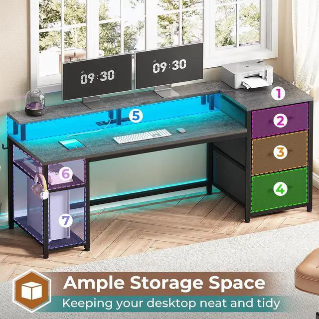 Alt view image 7 of 7 - 59" Office Desk with File Drawers, Reversible Computer Gaming Desk with Storage, LED Lights & Power Outlet, Home Office Desks for Printer, Grey