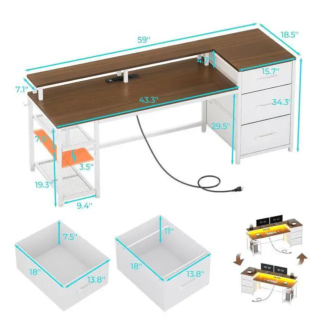 Alt view image 2 of 7 - 59" Office Desk with Drawers, Reversible Computer Desk with File Drawers & Storage, Gaming Desk with LED Lights & Power Outlet, Home Office Desks for Printer, White and Brown