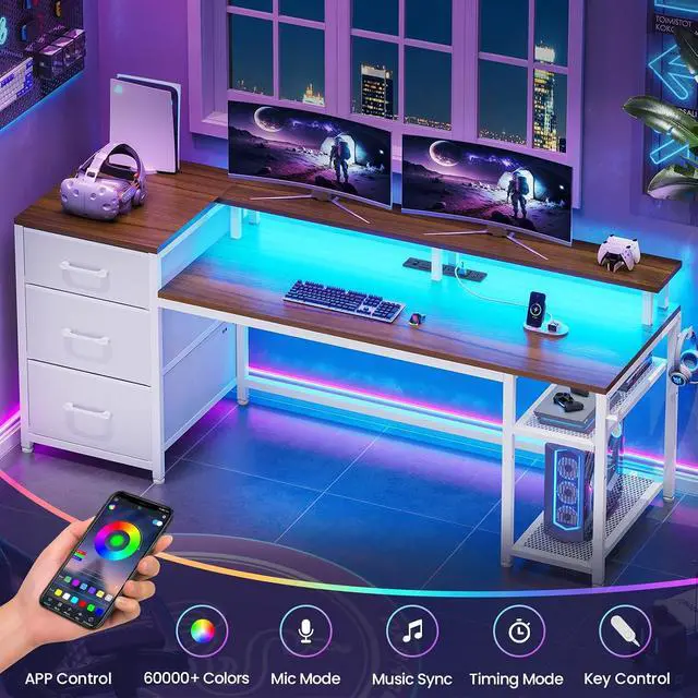 Alt view image 6 of 7 - 59" Office Desk with Drawers, Reversible Computer Desk with File Drawers & Storage, Gaming Desk with LED Lights & Power Outlet, Home Office Desks for Printer, White and Brown