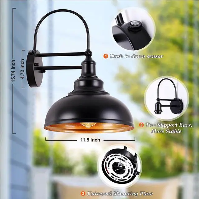 Alt view image 7 of 7 - Vintage Black Gooseneck Barn Light with Sensor IP54 Waterproof Outdoor Wall Lights Farmhouse Wall Mount Porch Lights Retro Exterior Wall Sconce Fixture for Garage Patio Doorway