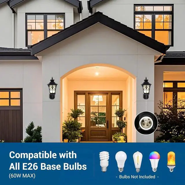 Alt view image 4 of 7 - Outdoor Wall Lights, Exterior Waterproof Lantern Porch Sconces Wall Mounted Lighting with E26 Sockets & Glass Shades Black Outside Sconces for House Garage Doorway