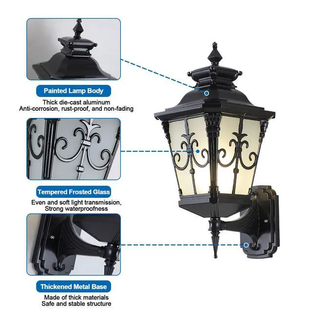 Alt view image 5 of 7 - Outdoor Wall Lights, Exterior Waterproof Lantern Porch Sconces Wall Mounted Lighting with E26 Sockets & Glass Shades Black Outside Sconces for House Garage Doorway
