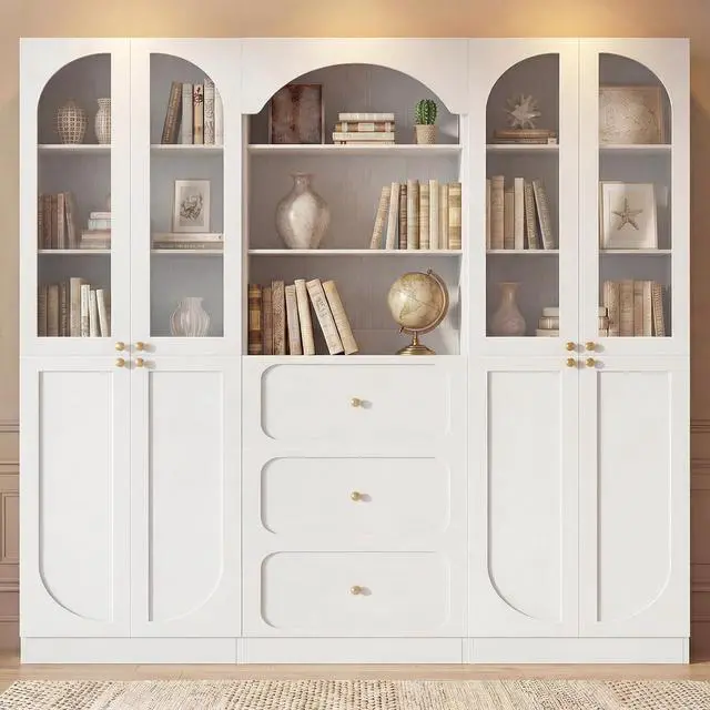 Main image of 80" Tall Bookcase System with 3 Drawers, Arched Bookshelf with 4 Glass Doors, Wooden Pantry Storage Organizer Cabinets with 3-Tier Open Shelves for Living Room, Kitchen, Bathroom